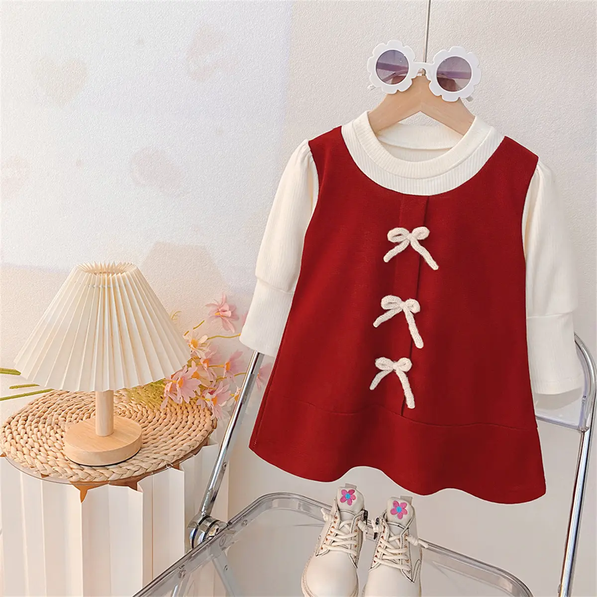 Casual Dress For Girl Autumn New Long Sleeved Baby Dresses Imitation Two Pieces Simple Sweet Bows Clothes Girl