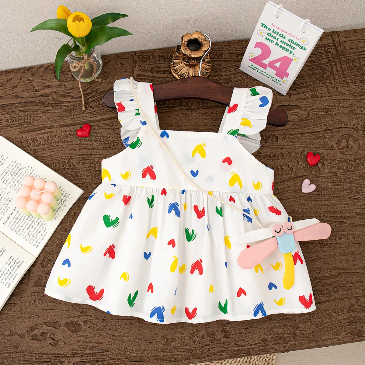 Summer Girls' Dress  Small Flying Sleeves Colorful Love Girl Clothes Pattern Dragonfly Bag Girls' Baby Dress (0-3 Years）