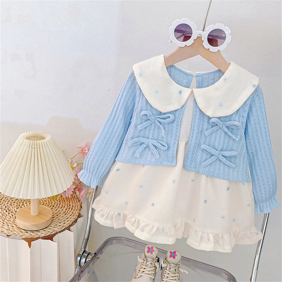 Baby Girl Dresses Autumn New Long Sleeve Toddler Dress Imitation Two Pieces Sweet Bow Collars Clothes Girl