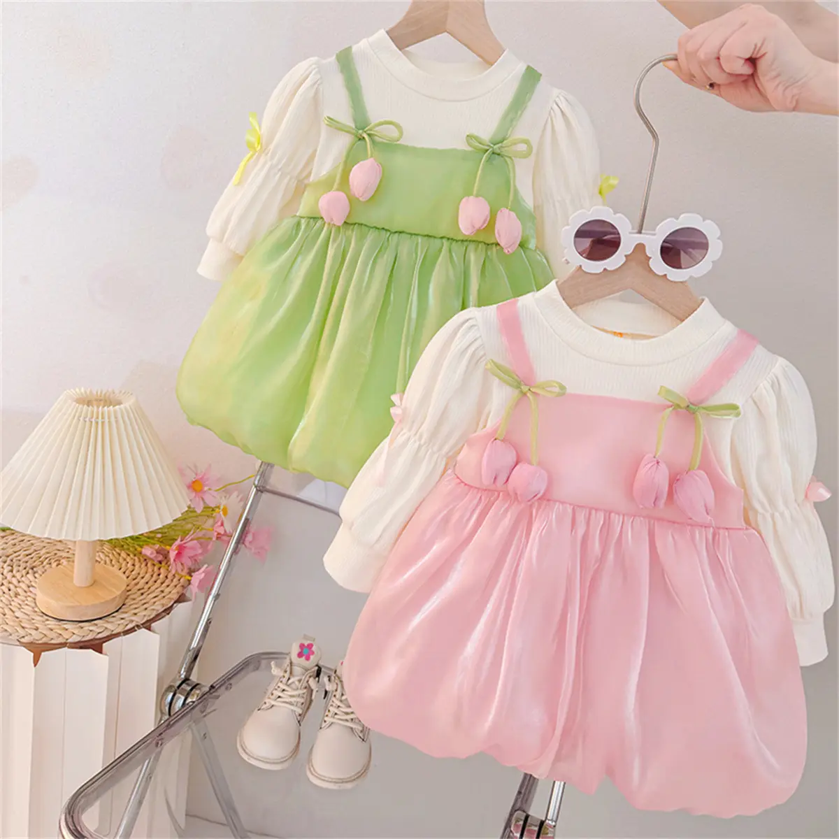 Toddler Dress Autumn New Long Sleeved Baby Clothes Solid Color Imitation Two Pieces Sweet Flower Bud Bows Girl Dress