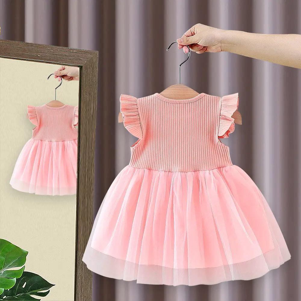 Children's Dress Summer Baby Girl Little Flying Sleeve Top Splicing Mesh Waist Flower Embroidered Princess Dress