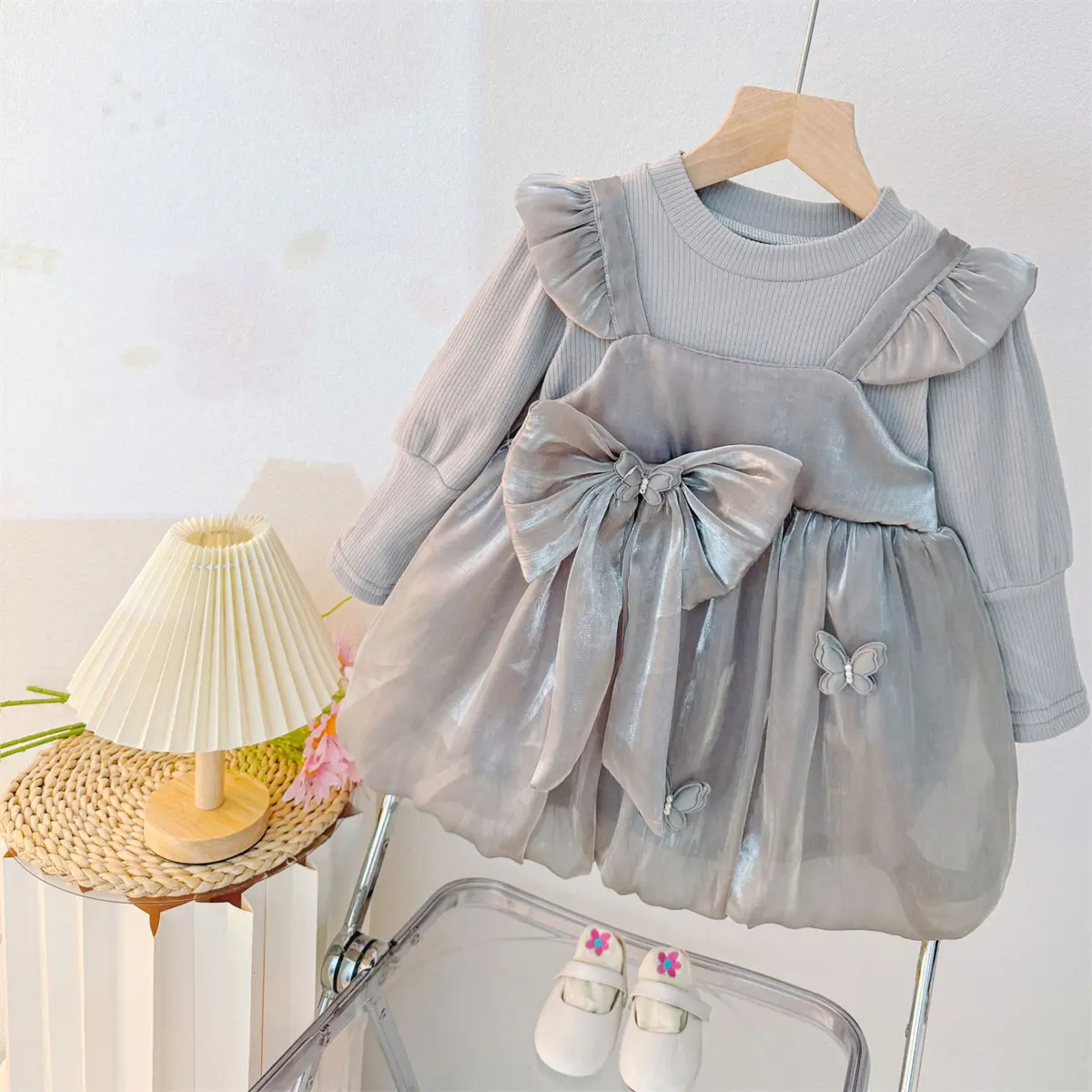 Baby Girl Dress Autumn New Long Sleeved Baby Dresses Solid Color Sweet Bow Imitation Satin Costumes For Girl