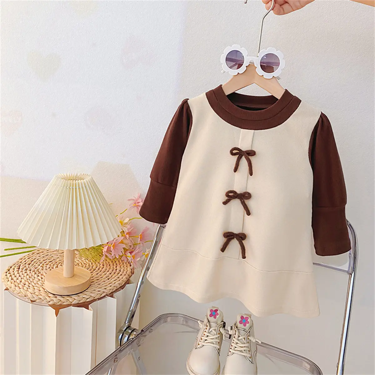 Casual Dress For Girl Autumn New Long Sleeved Baby Dresses Imitation Two Pieces Simple Sweet Bows Clothes Girl