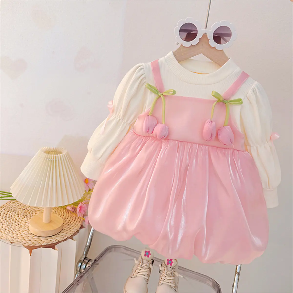 Toddler Dress Autumn New Long Sleeved Baby Clothes Solid Color Imitation Two Pieces Sweet Flower Bud Bows Girl Dress