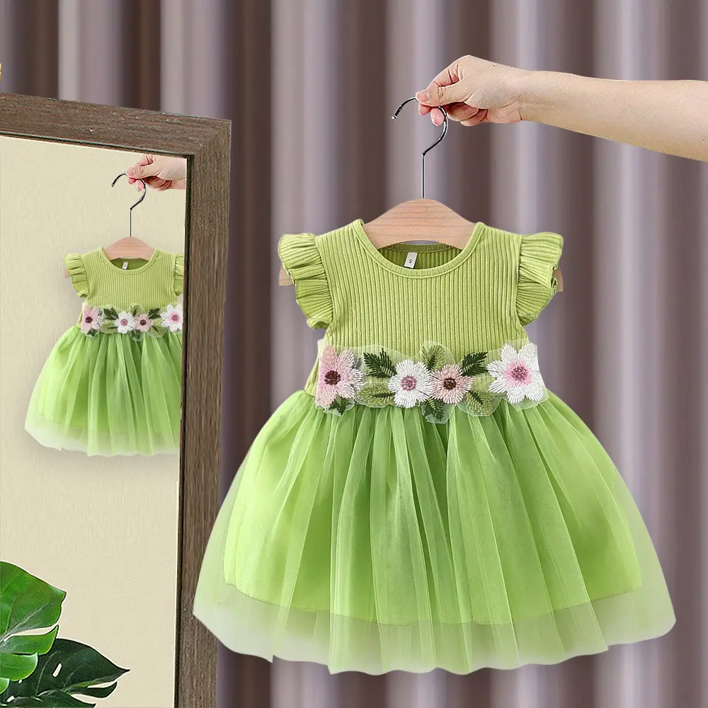 Children's Dress Summer Baby Girl Little Flying Sleeve Top Splicing Mesh Waist Flower Embroidered Princess Dress