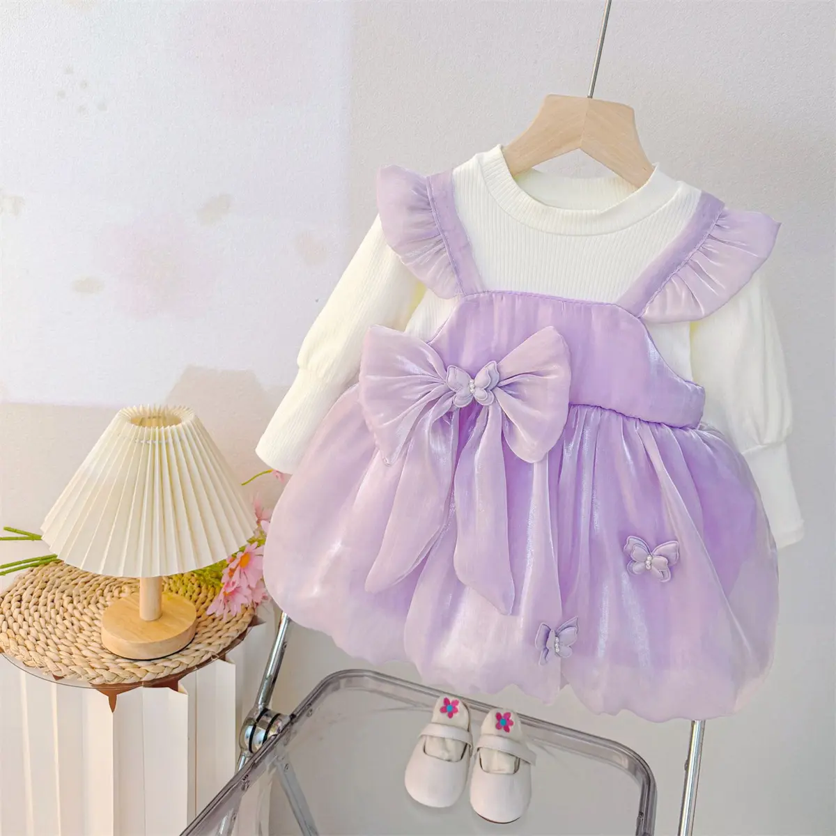 Baby Girl Dress Autumn New Long Sleeved Baby Dresses Solid Color Sweet Bow Imitation Satin Costumes For Girl