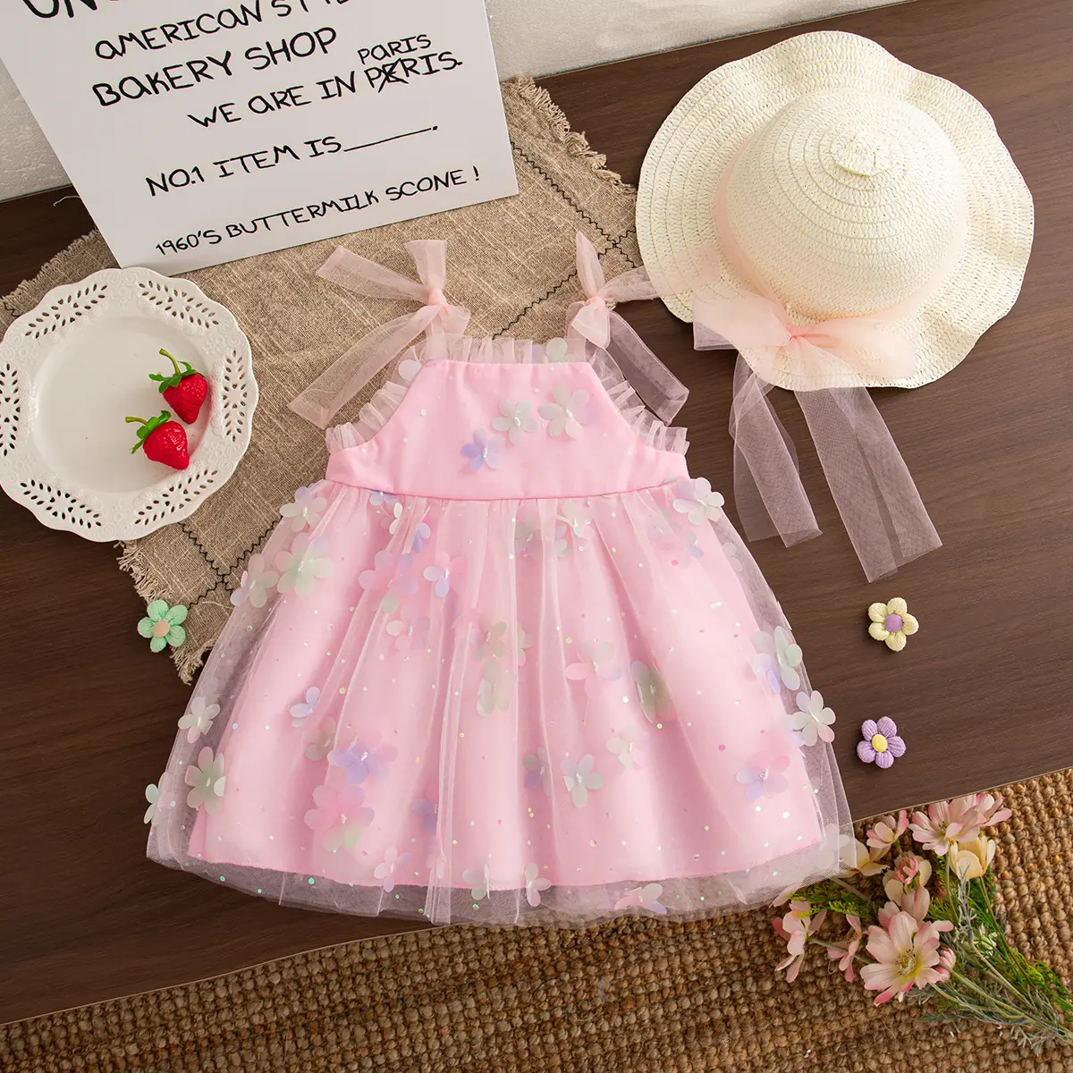 Baby Dresses Summer New Sleeveless Mesh Sweet Flower Baby Clothes Bow Birthday Dress Baby Girl Send Hat