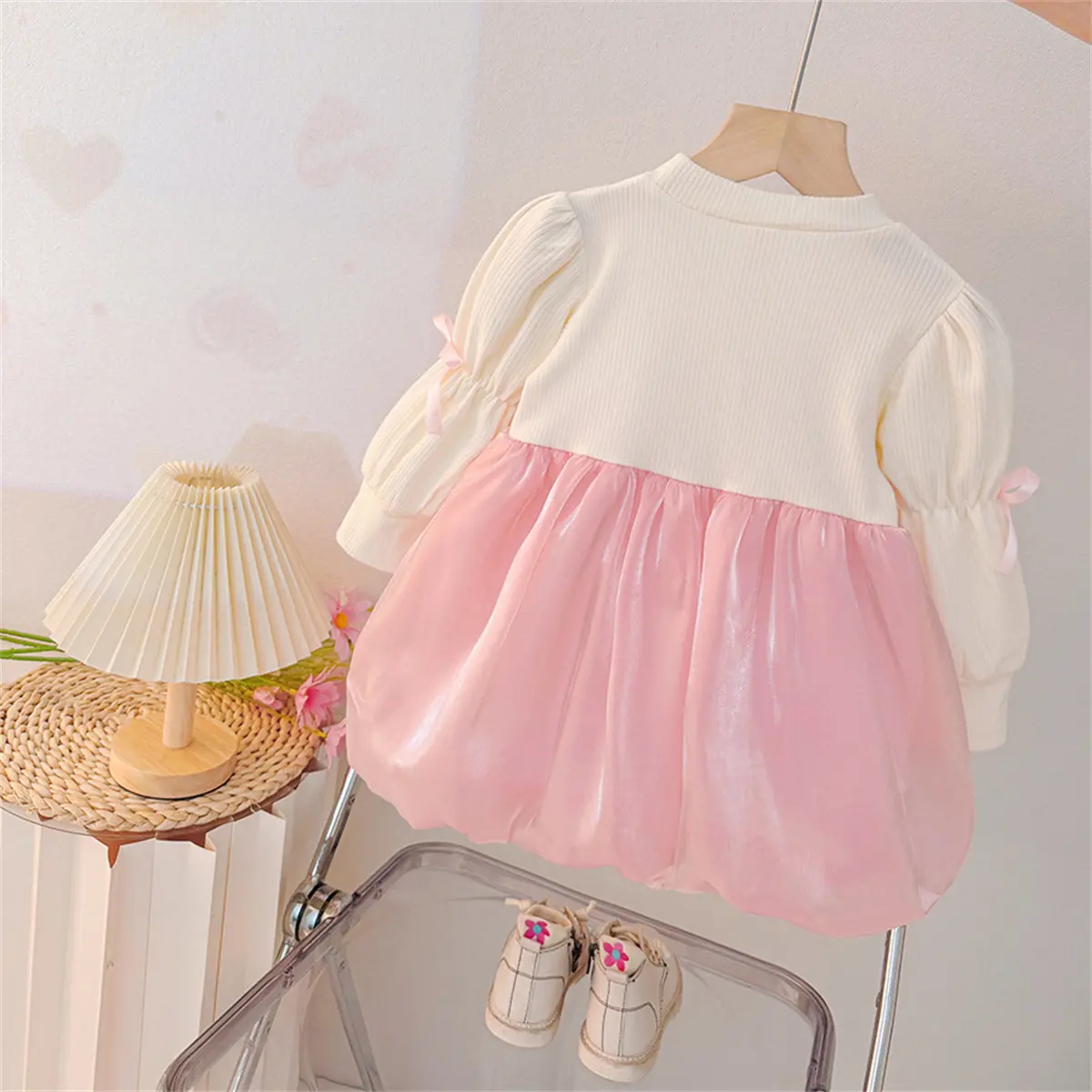 Toddler Dress Autumn New Long Sleeved Baby Clothes Solid Color Imitation Two Pieces Sweet Flower Bud Bows Girl Dress