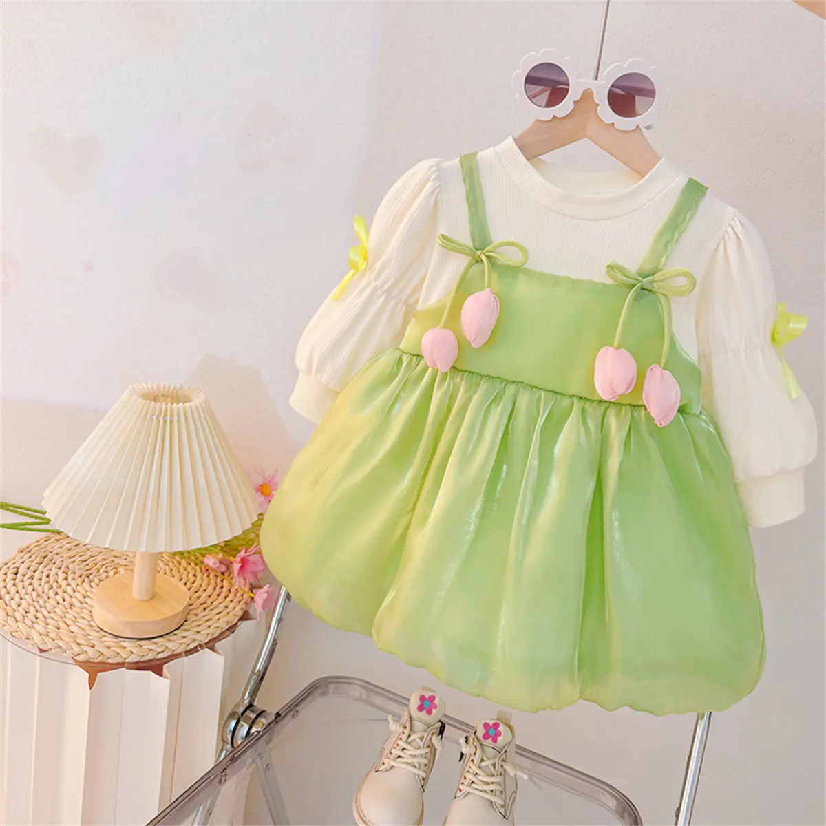 Toddler Dress Autumn New Long Sleeved Baby Clothes Solid Color Imitation Two Pieces Sweet Flower Bud Bows Girl Dress
