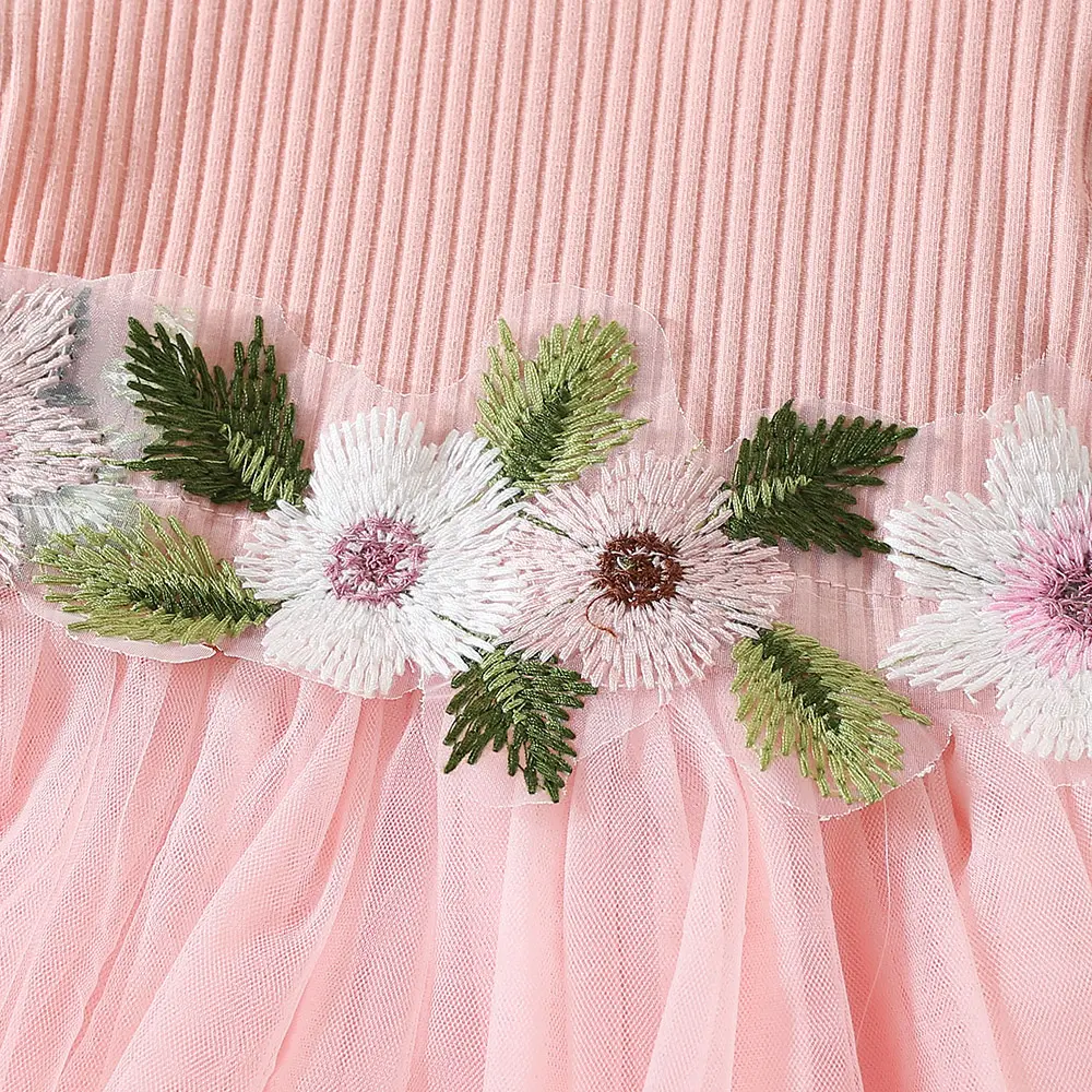 Children's Dress Summer Baby Girl Little Flying Sleeve Top Splicing Mesh Waist Flower Embroidered Princess Dress