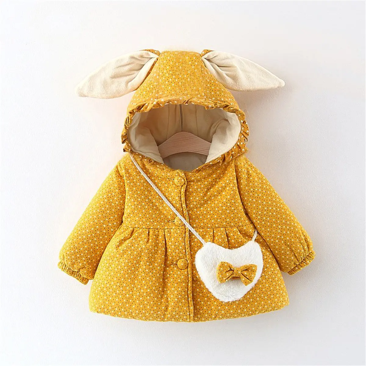 2-Piece Winter Baby Fleece Filled Cotton Jacket+Love Bag Girl Printed Rabbit Ear Hood Cartoon Warm Clothes