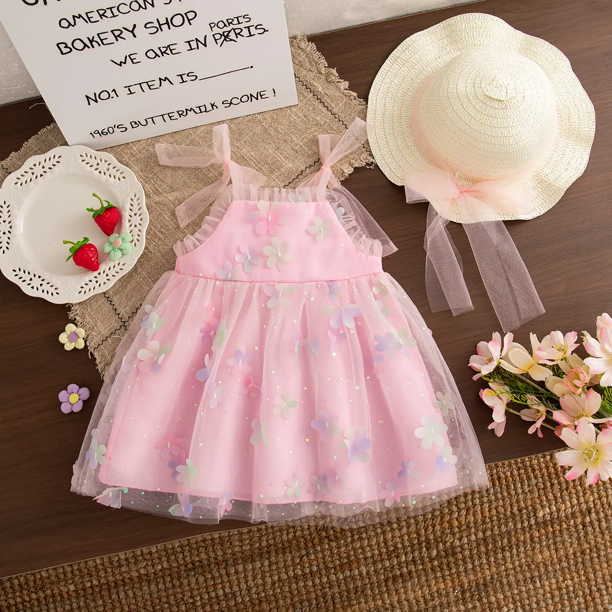 Baby Dresses Summer New Sleeveless Mesh Sweet Flower Baby Clothes Bow Birthday Dress Baby Girl Send Hat