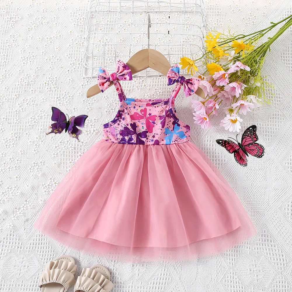 Summer New Girl's Cute Bow Suspender Patchwork Beautiful Mesh Fluffy Princess Dress Baby Birthday Party Dress
