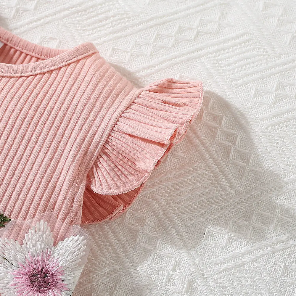 Children's Dress Summer Baby Girl Little Flying Sleeve Top Splicing Mesh Waist Flower Embroidered Princess Dress