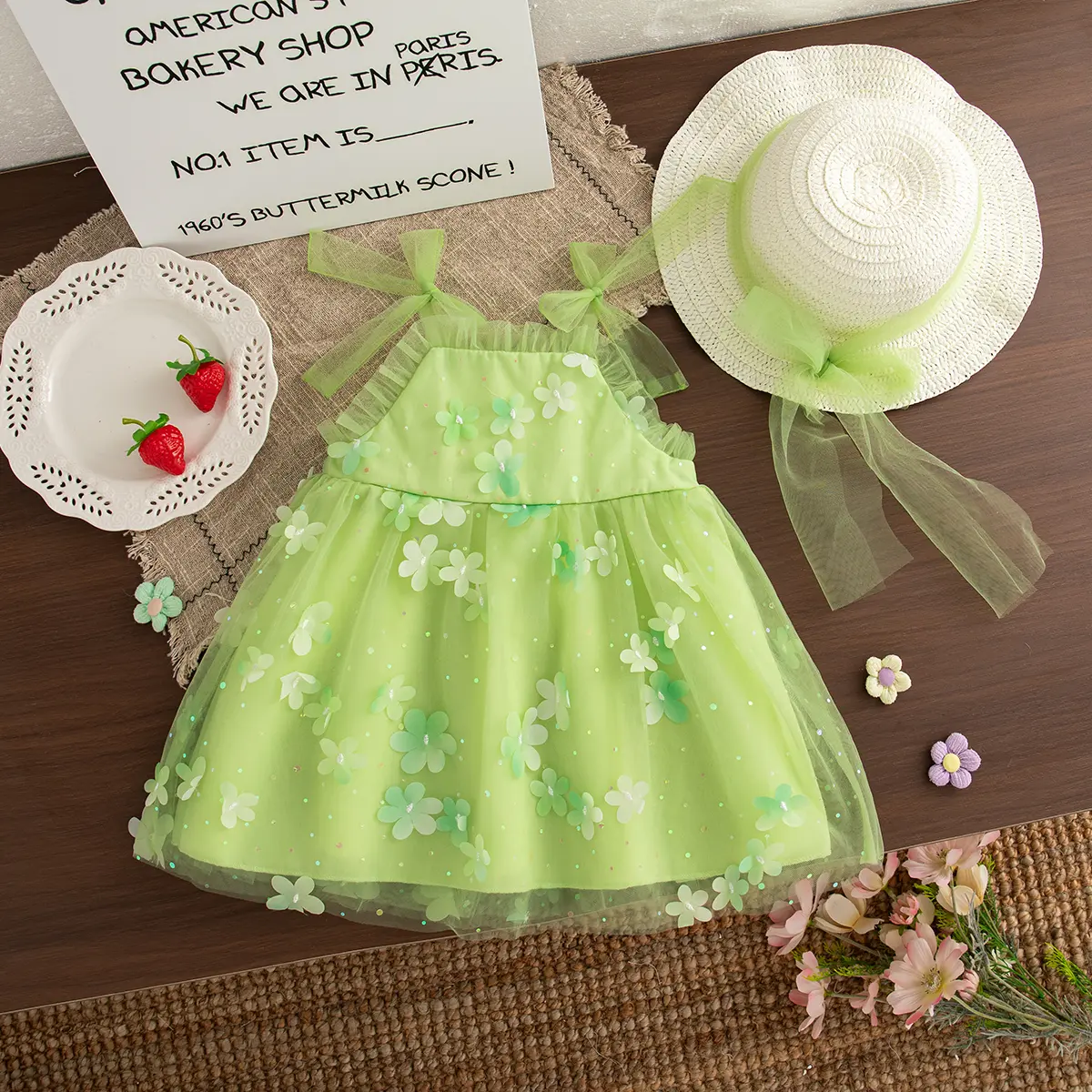 Baby Dresses Summer New Sleeveless Mesh Sweet Flower Baby Clothes Bow Birthday Dress Baby Girl Send Hat