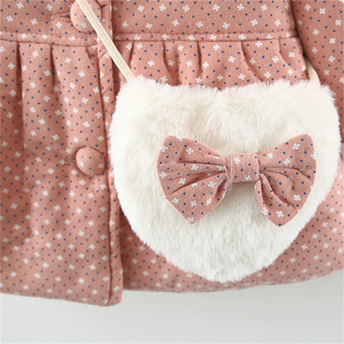 2-Piece Winter Baby Fleece Filled Cotton Jacket+Love Bag Girl Printed Rabbit Ear Hood Cartoon Warm Clothes