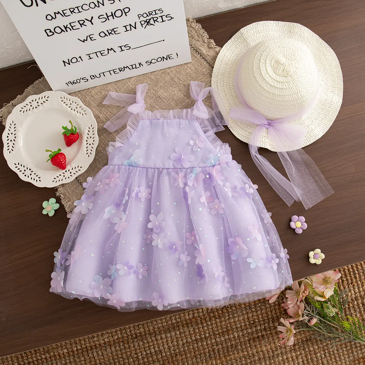 Baby Dresses Summer New Sleeveless Mesh Sweet Flower Baby Clothes Bow Birthday Dress Baby Girl Send Hat
