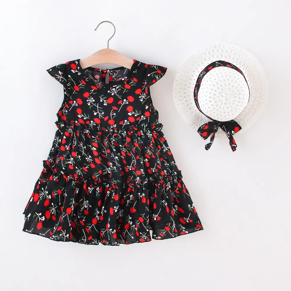 Summer Baby Girl Dress+Hat 2 Pcs Baby Girl Full Body Printed Small Flying Sleeve Princess Dress Cute Beach Sleeveless Dress