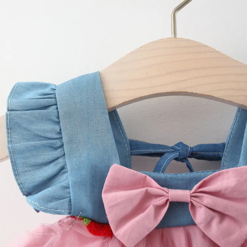 Summer girl dress baby girl small flying sleeves denim top with patchwork strawberry embroidery mesh suspender princess dress
