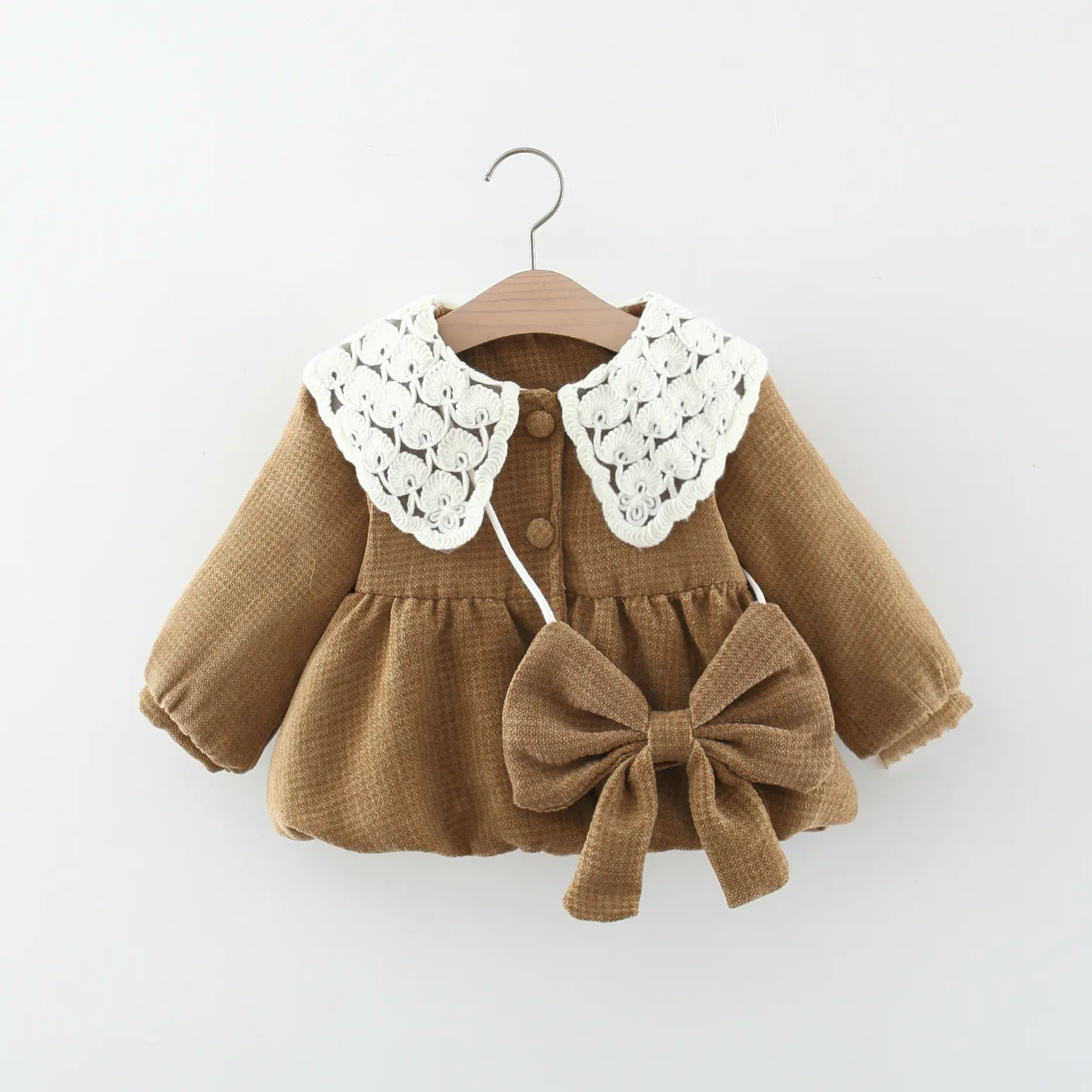2PS Autumn/Winter Newborn Baby Girl Cotton Coat Bag Girls' Lace Big Collar Full Of Plaid Print Cute Princess Cotton Coat Jacket