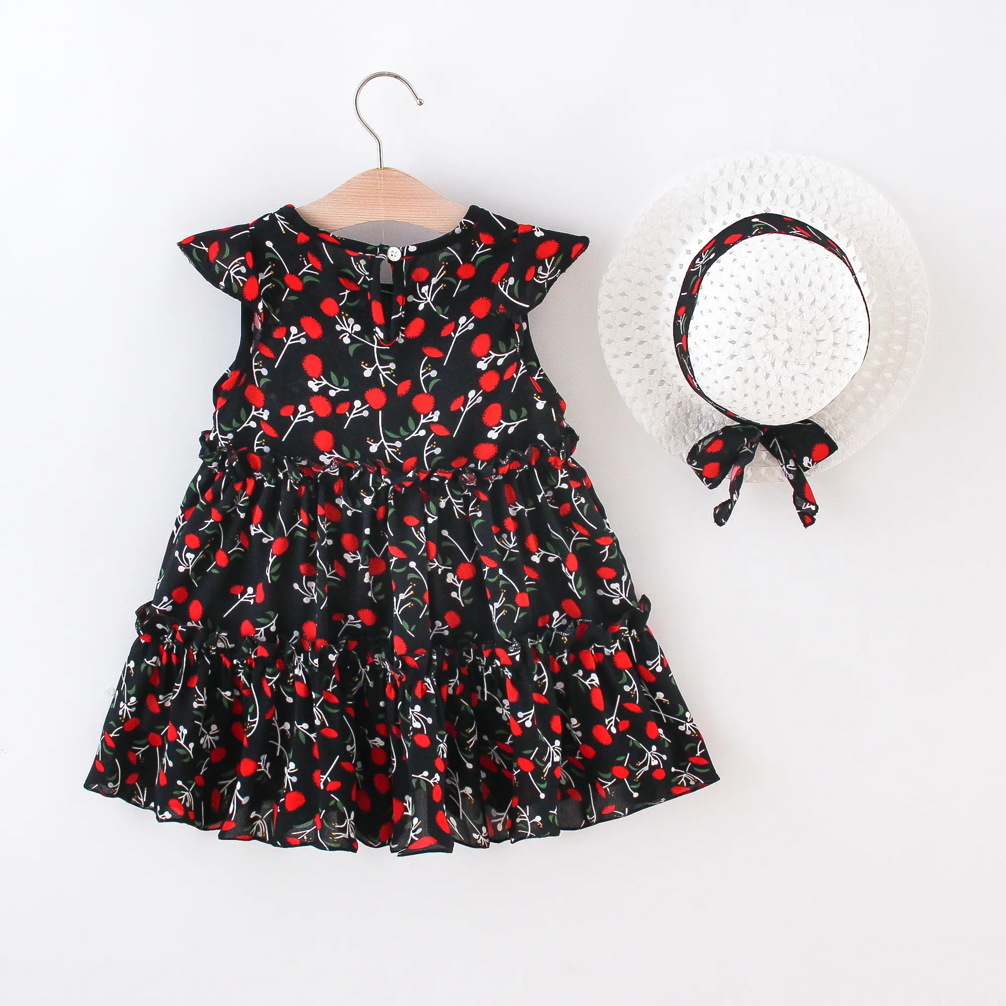 Summer Baby Girl Dress+Hat 2 Pcs Baby Girl Full Body Printed Small Flying Sleeve Princess Dress Cute Beach Sleeveless Dress