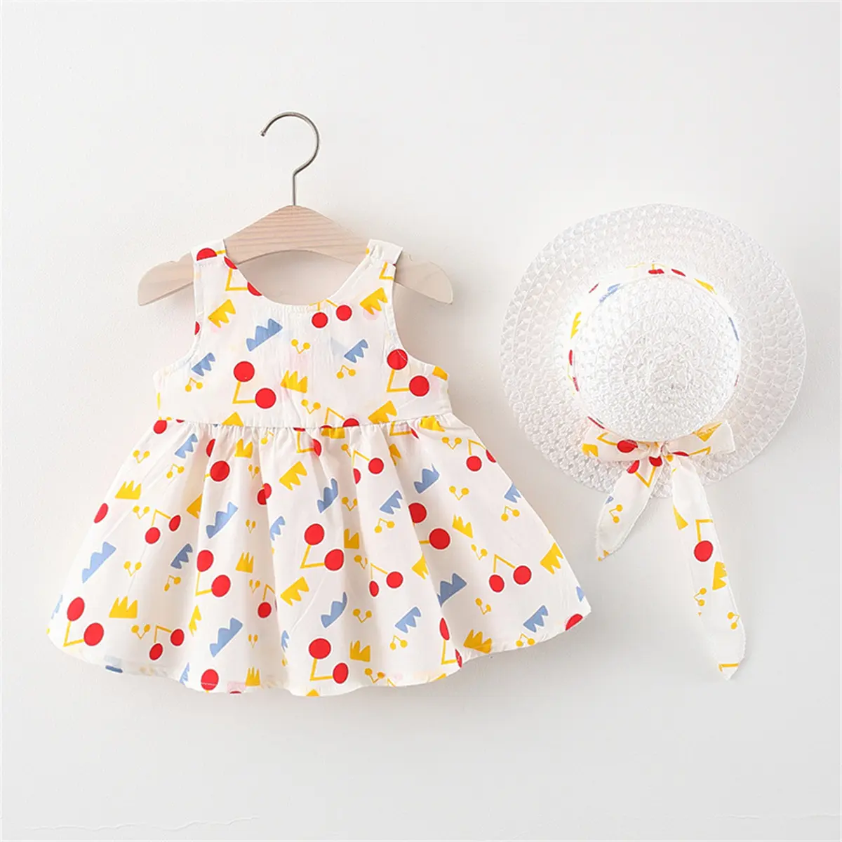 2-Piece Baby Beach Cotton Dress And Hat Baby Girl Back Small Wing Printed Sleeveless Dress Children'S Casual Set