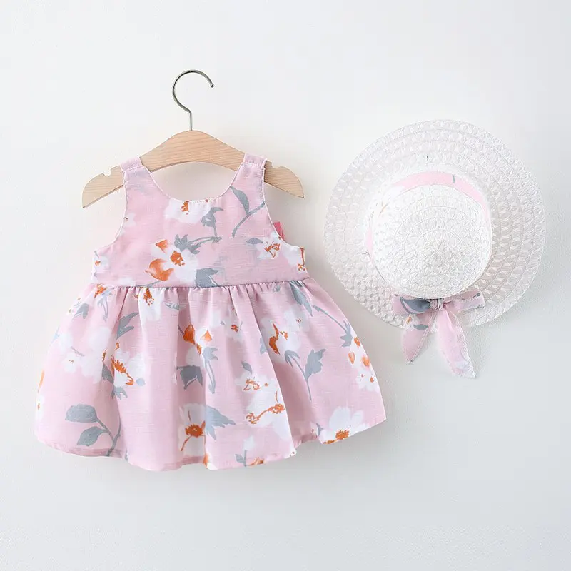 Summer 2/Piece Set Of Baby Girl Dress Hat Girl'S Big Bow Casual Cotton Print Cute Round Neck Sleeveless Dress