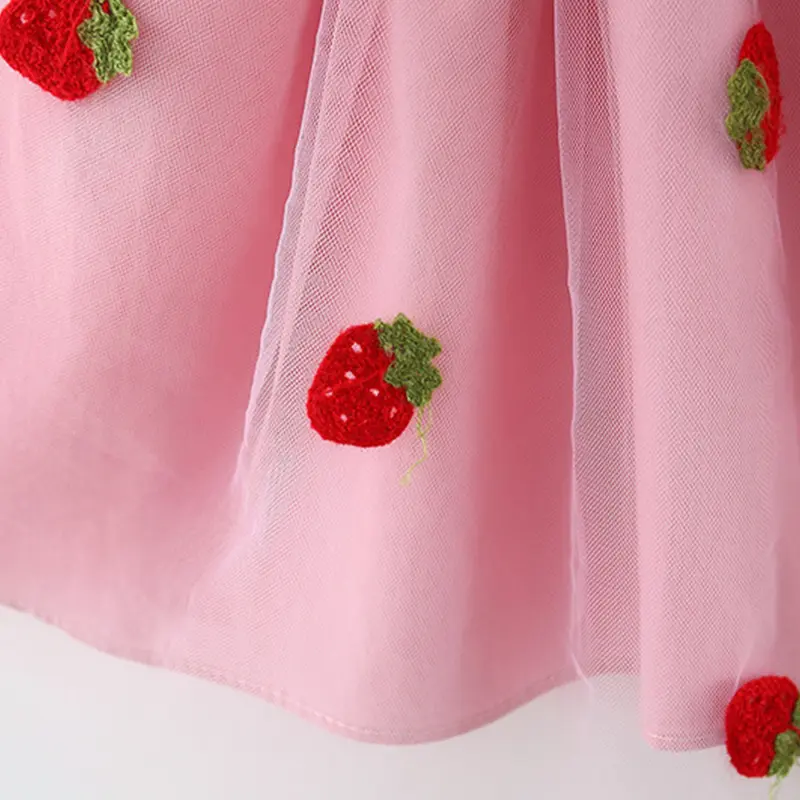 Summer girl dress baby girl small flying sleeves denim top with patchwork strawberry embroidery mesh suspender princess dress