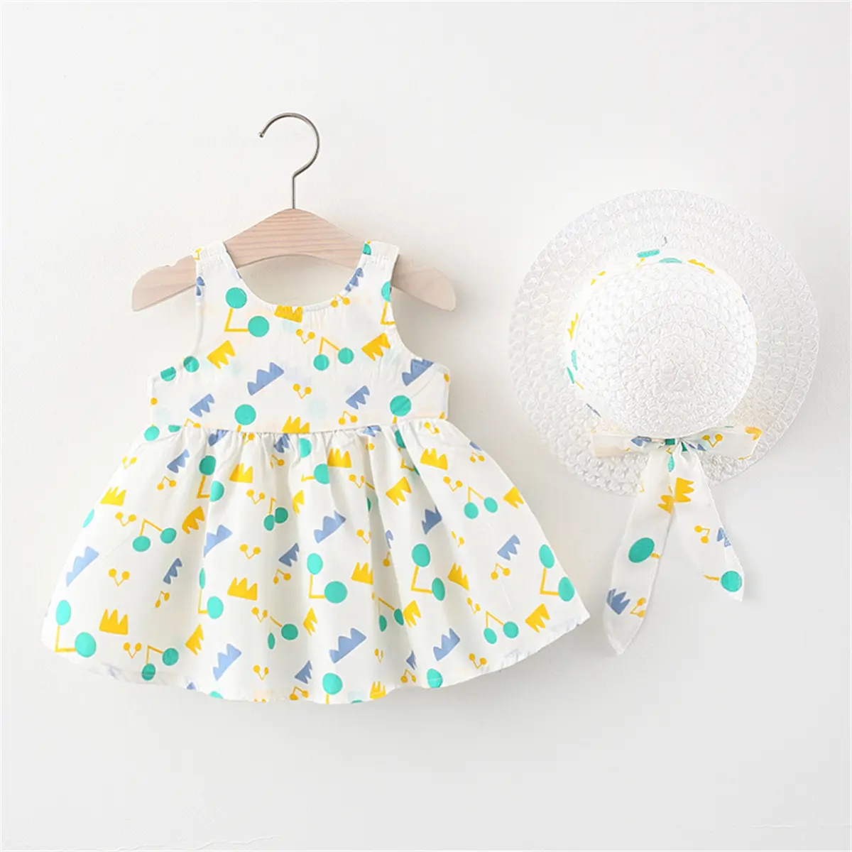 2-Piece Baby Beach Cotton Dress And Hat Baby Girl Back Small Wing Printed Sleeveless Dress Children'S Casual Set
