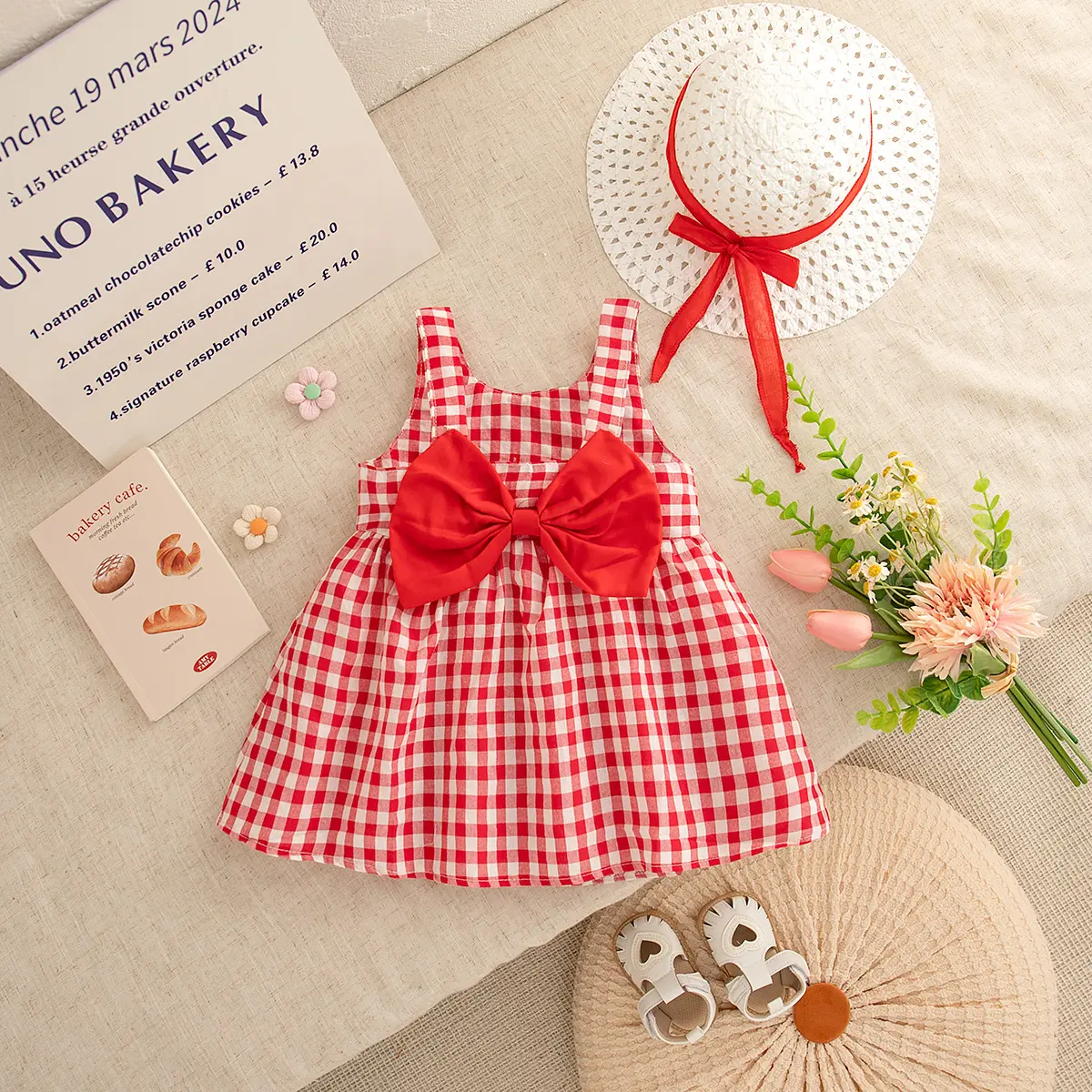Girl Clothes 2 Pieces Set Dress Hat Summer Sleeveless New Baby Dresses Checkered Sweet Bow Beach Party Baby Clothes