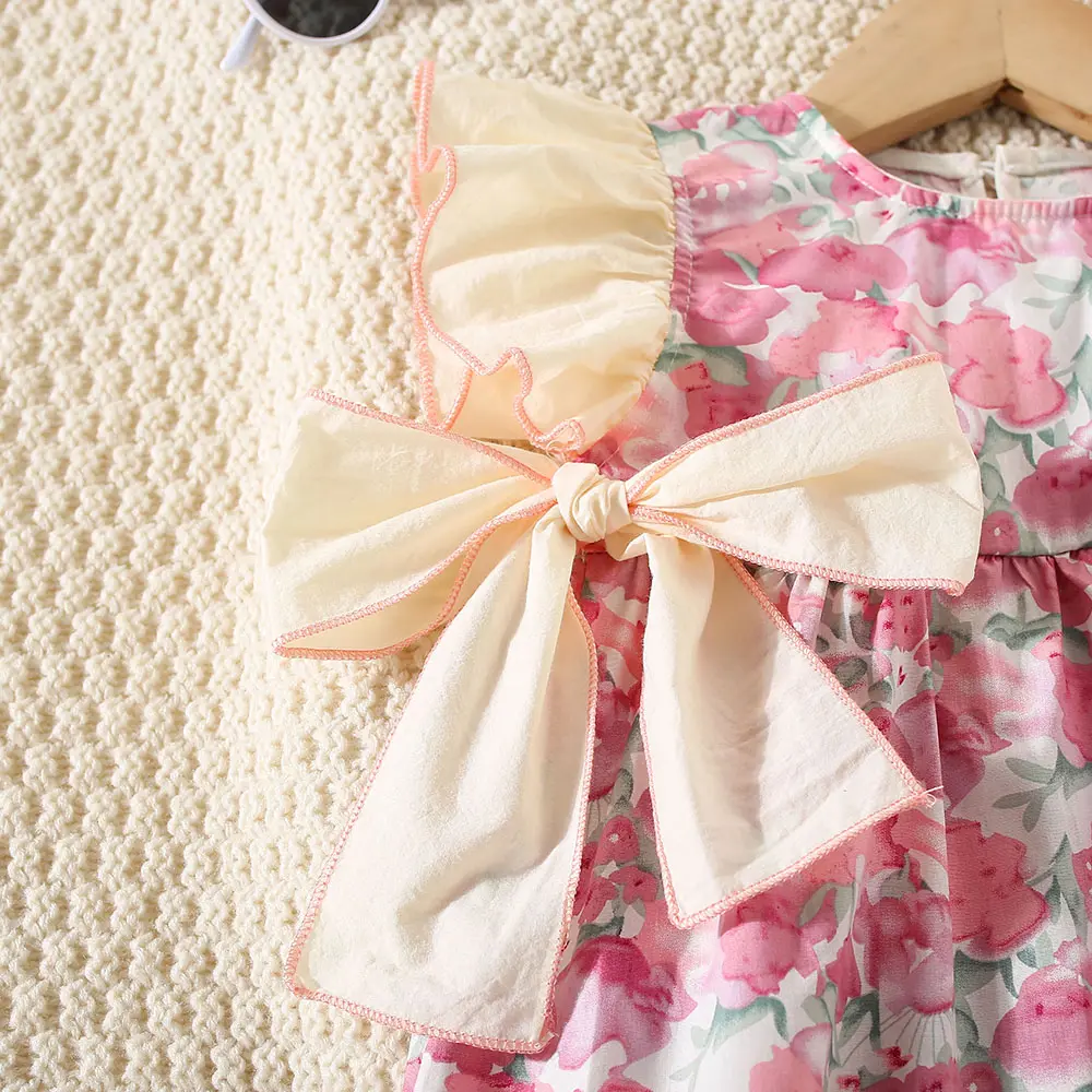 Children's clothing, baby girl dress summer girl full body print two large bows and flying sleeve princess dress