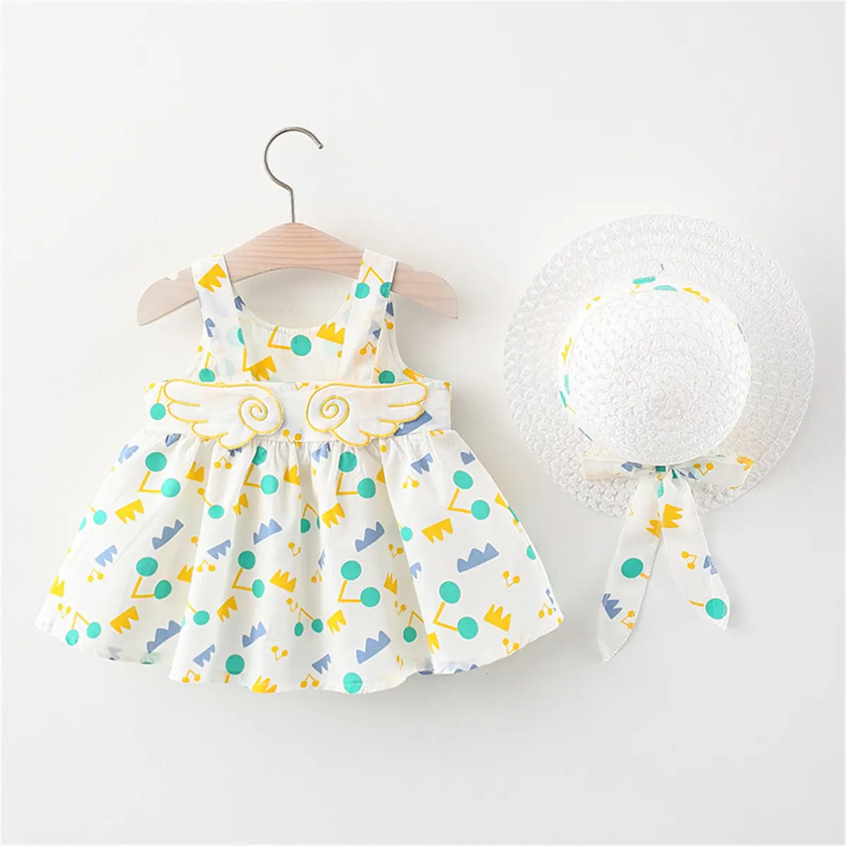 2-Piece Baby Beach Cotton Dress And Hat Baby Girl Back Small Wing Printed Sleeveless Dress Children'S Casual Set