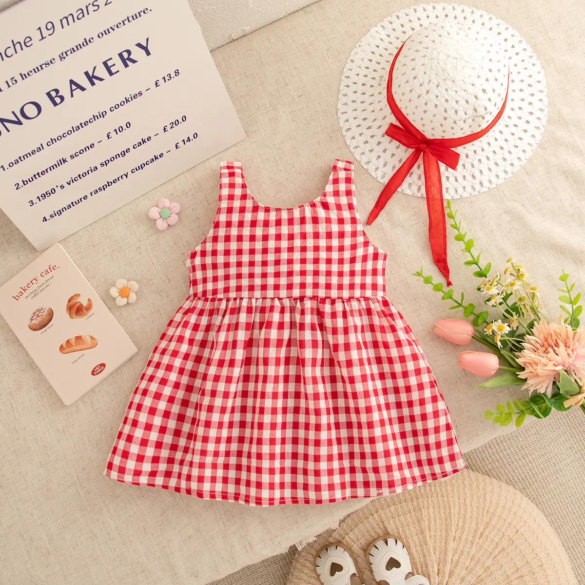 Girl Clothes 2 Pieces Set Dress Hat Summer Sleeveless New Baby Dresses Checkered Sweet Bow Beach Party Baby Clothes