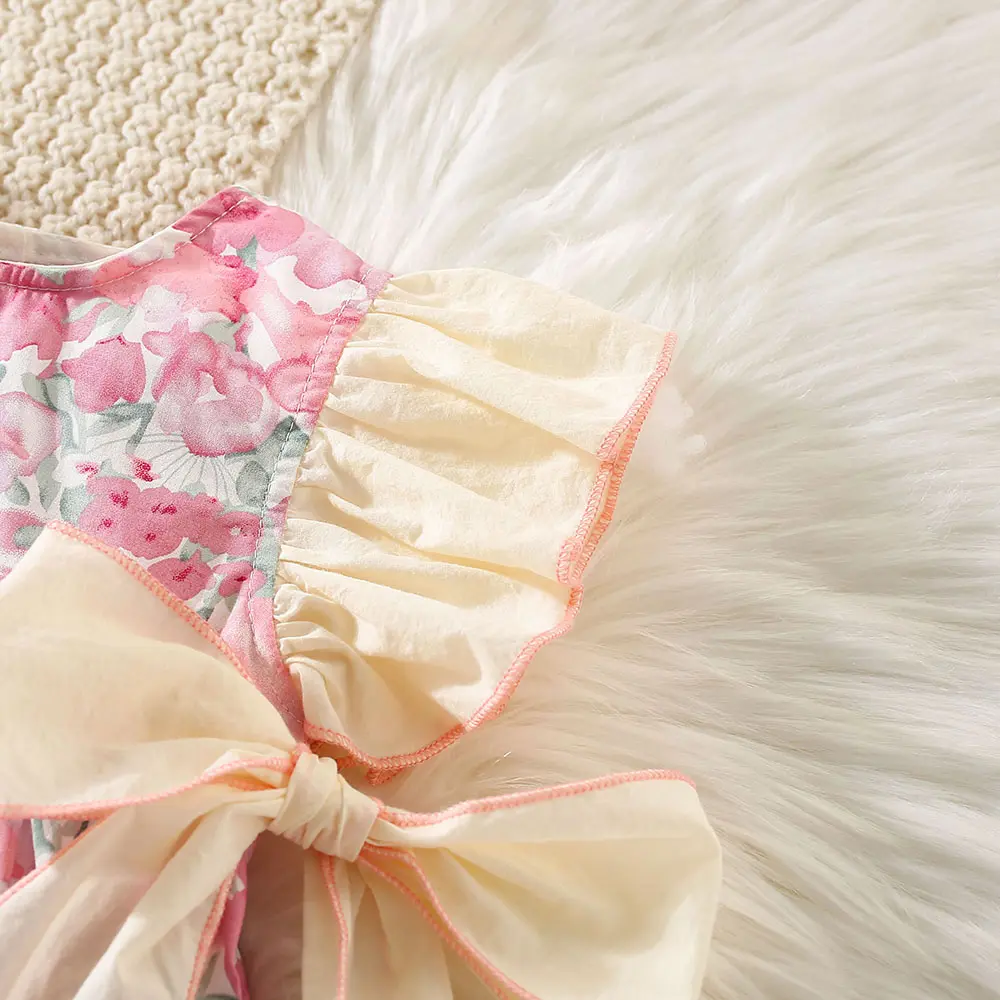 Children's clothing, baby girl dress summer girl full body print two large bows and flying sleeve princess dress