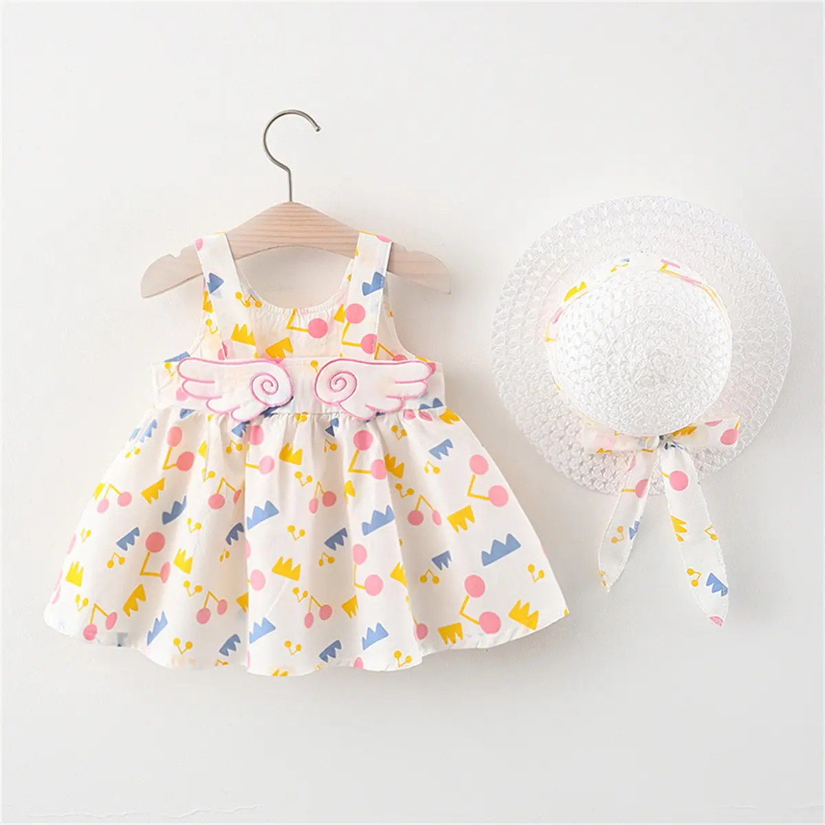 2-Piece Baby Beach Cotton Dress And Hat Baby Girl Back Small Wing Printed Sleeveless Dress Children'S Casual Set