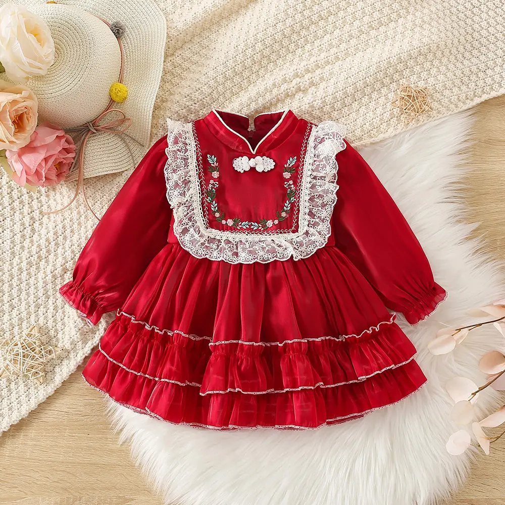 New Girls' Dress Spring and Autumn Children's Small Standing Neck Embroidered Ruffle Edge Pleated Long sleeved Princess Dress