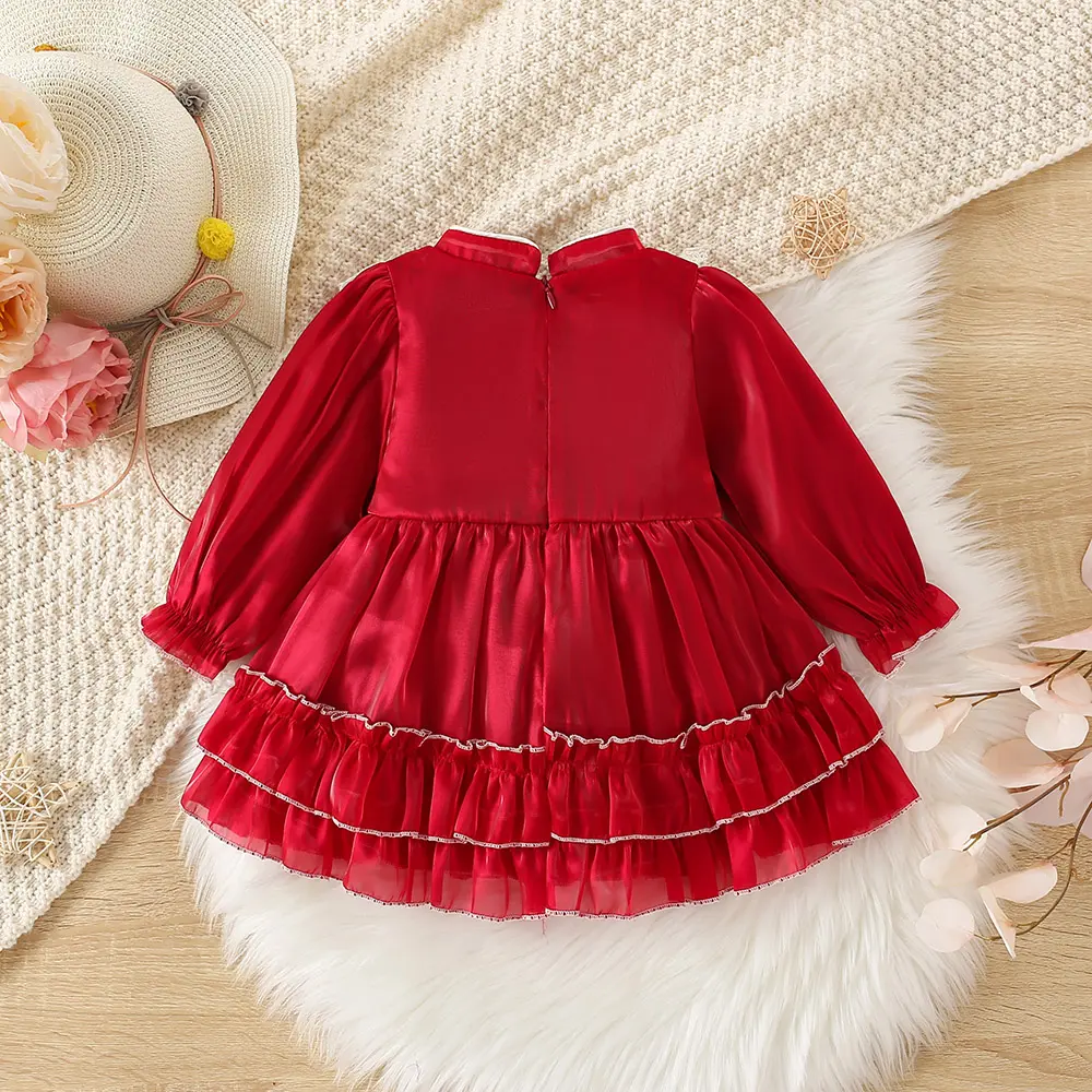 Autumn and Winter New Girls' Qipao Small Standing Neck Long Sleeve Dress Children's Embroidered Ruffle Edge Pleated Large Skirt