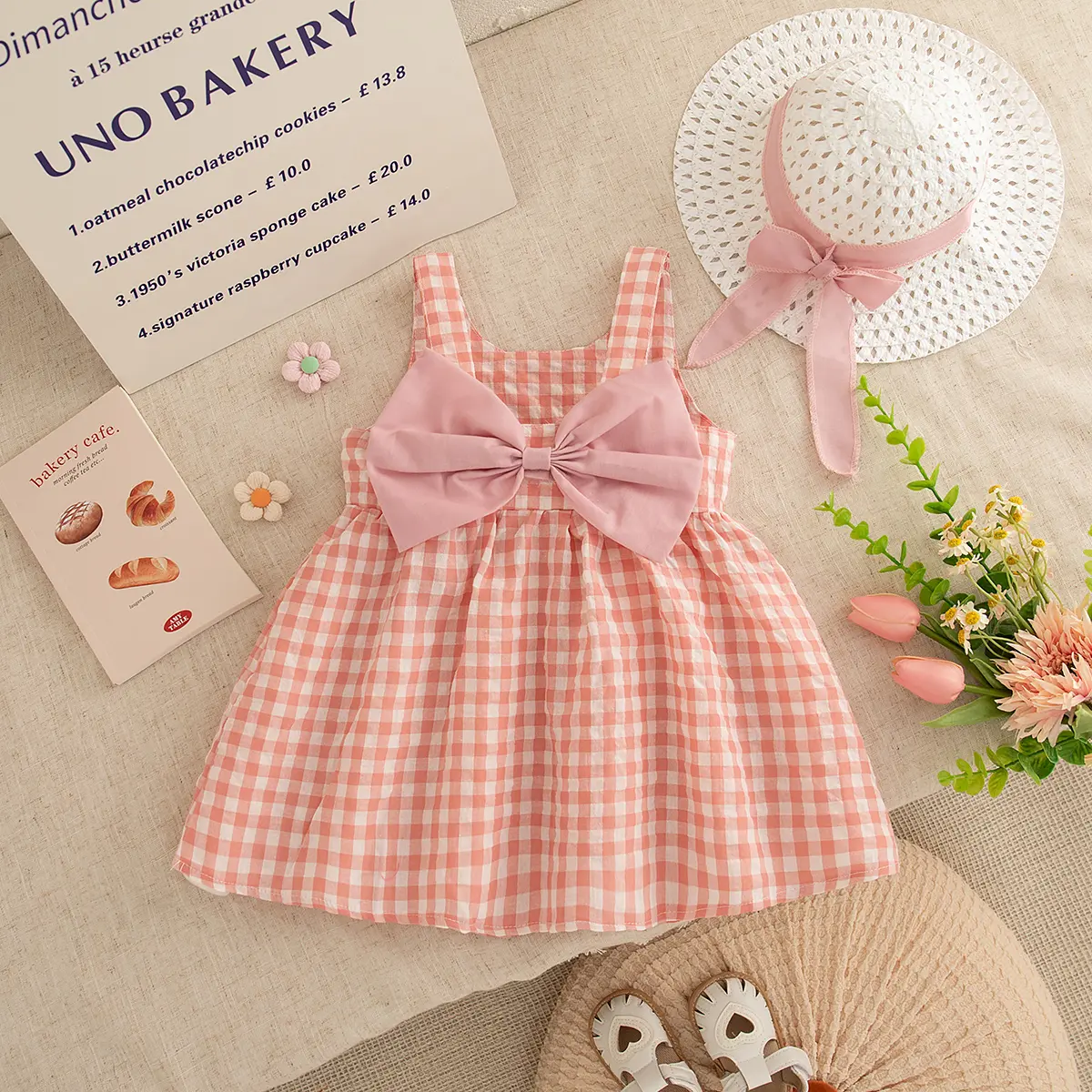 Girl Clothes 2 Pieces Set Dress Hat Summer Sleeveless New Baby Dresses Checkered Sweet Bow Beach Party Baby Clothes