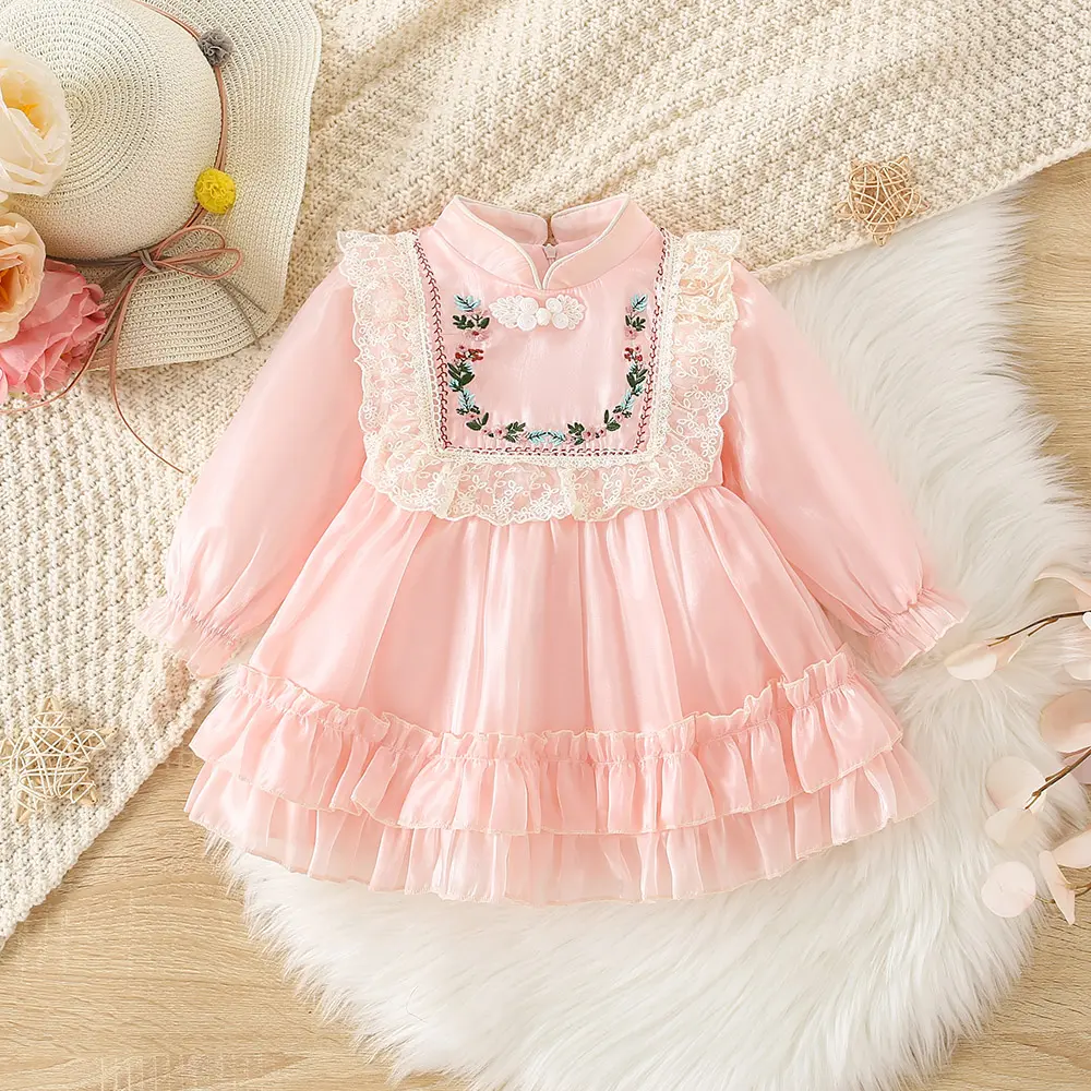 Autumn and Winter New Girls' Qipao Small Standing Neck Long Sleeve Dress Children's Embroidered Ruffle Edge Pleated Large Skirt