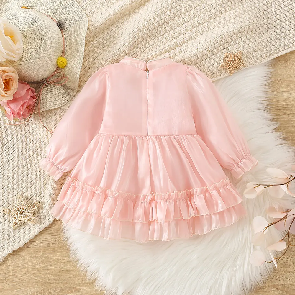 Autumn and Winter New Girls' Qipao Small Standing Neck Long Sleeve Dress Children's Embroidered Ruffle Edge Pleated Large Skirt