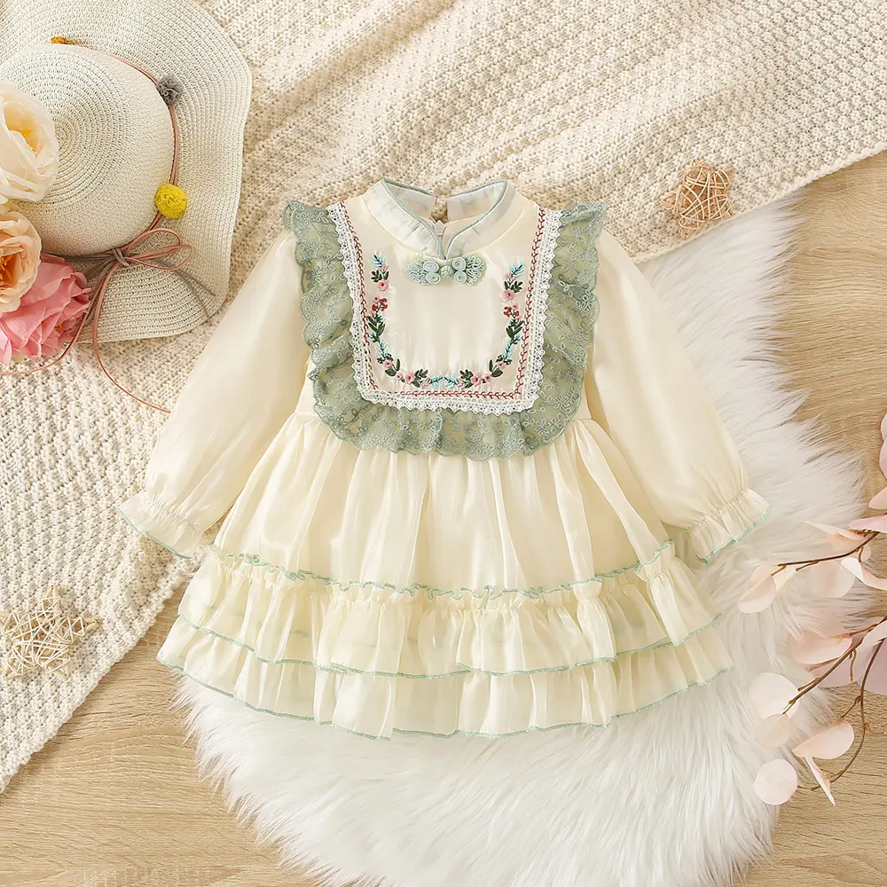 Autumn and Winter New Girls' Qipao Small Standing Neck Long Sleeve Dress Children's Embroidered Ruffle Edge Pleated Large Skirt
