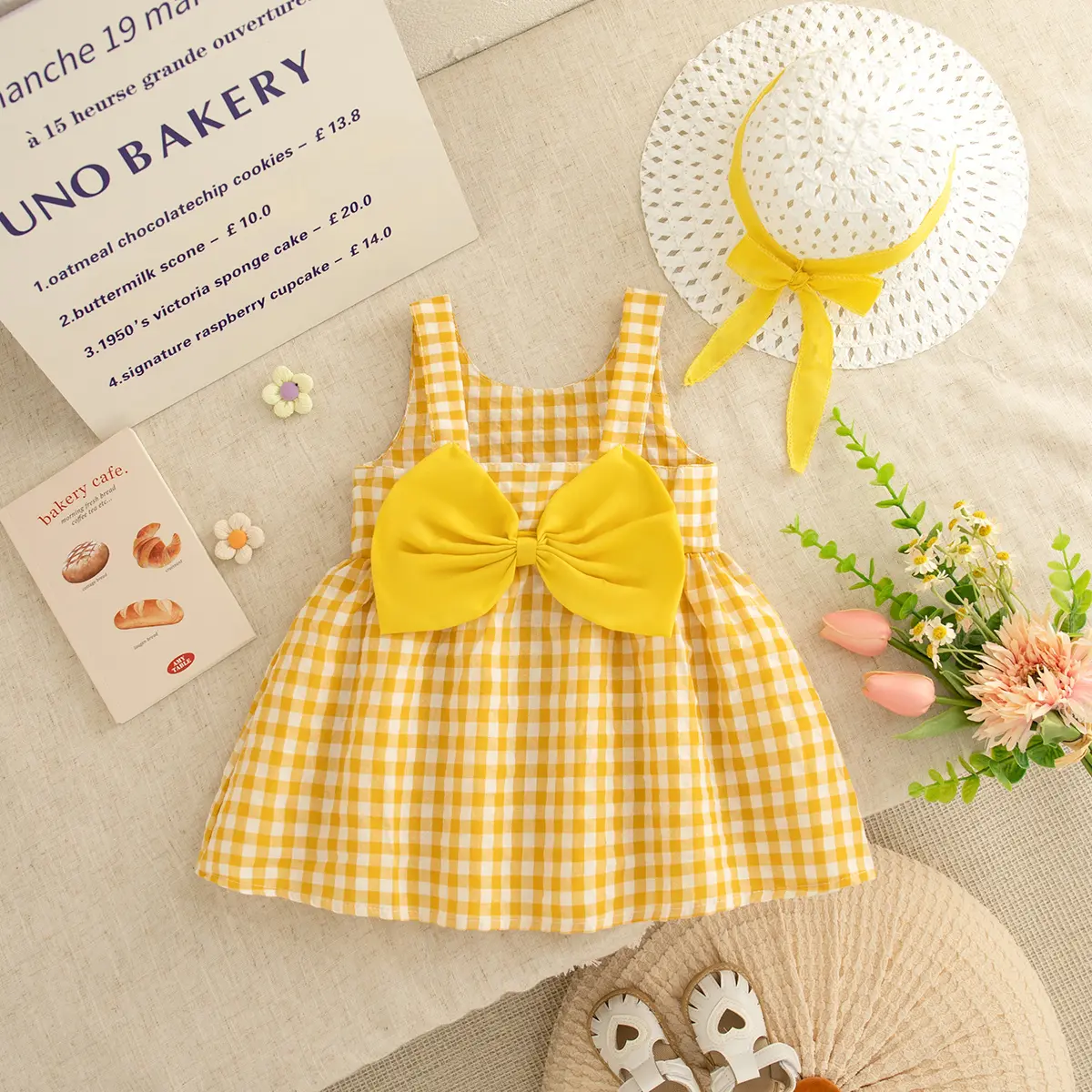 Girl Clothes 2 Pieces Set Dress Hat Summer Sleeveless New Baby Dresses Checkered Sweet Bow Beach Party Baby Clothes