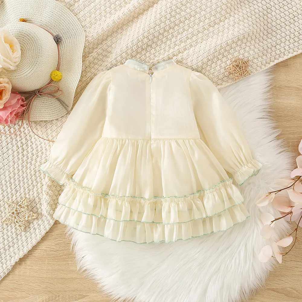 Autumn and Winter New Girls' Qipao Small Standing Neck Long Sleeve Dress Children's Embroidered Ruffle Edge Pleated Large Skirt