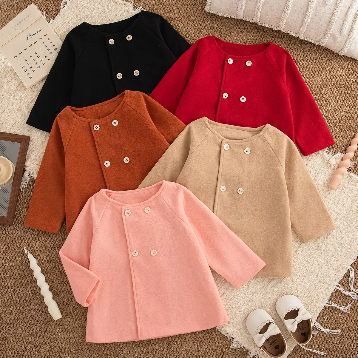 Costumes For Girls Autumn New Long Sleeved Baby Clothing Solid Color Button Round Neck Cardigan Baby Jacket