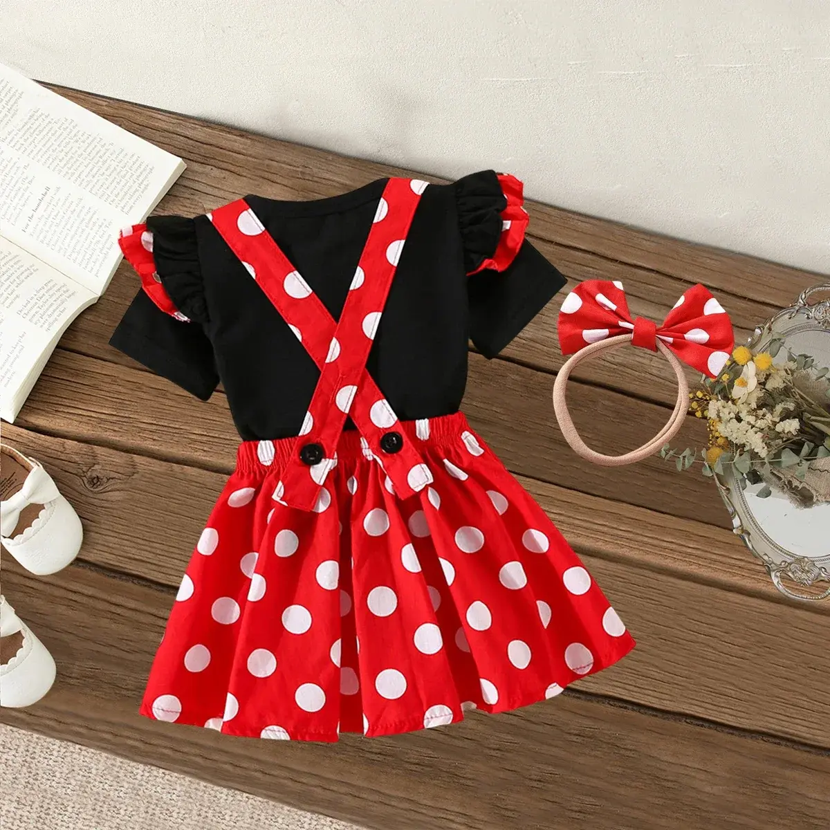 3-piece Summer Short Sleeved Cute Bow Shaped Baby Girl Dress 0-2 Years Old Children's Party Dress T-shirt Skirt Headband Set