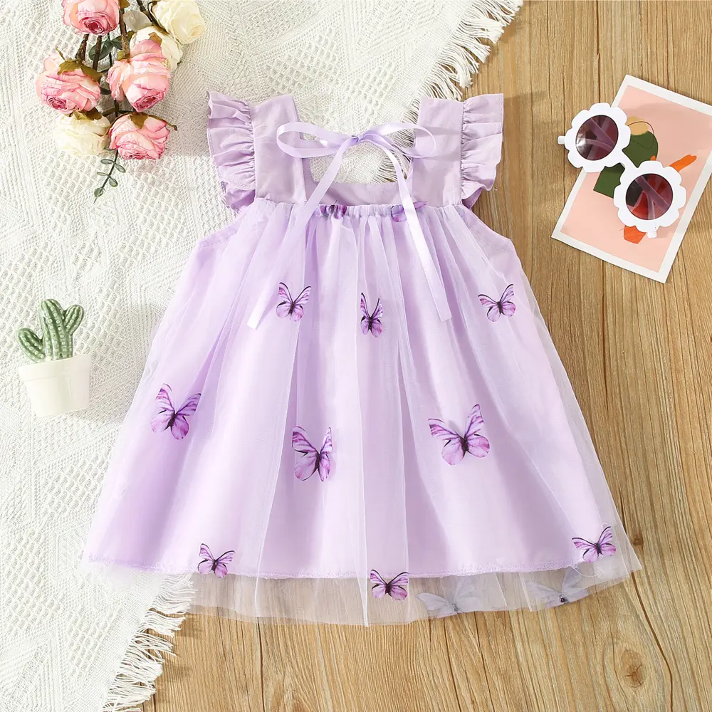 Summer girls suspender dress children's three-dimensional butterfly embroidery solid color sweet sleeveless dress