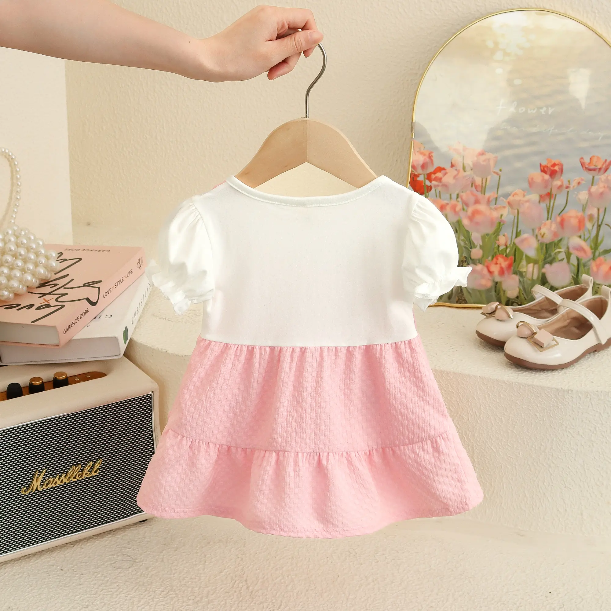Summer Baby Girl Dresses New Short Sleeved Sweet Toddler Dress Solid Color Bow Plaid Imitation Two Pieces Clothes Baby