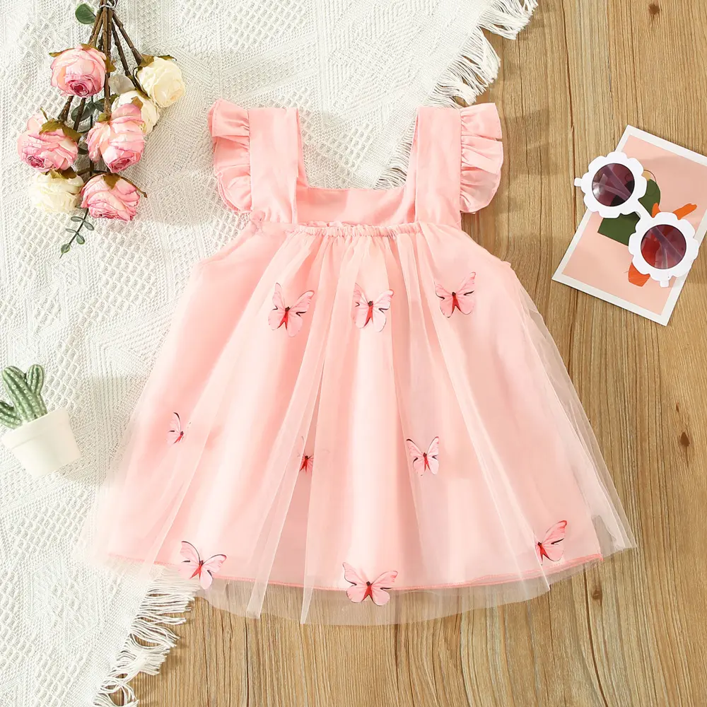 Summer girls suspender dress children's three-dimensional butterfly embroidery solid color sweet sleeveless dress