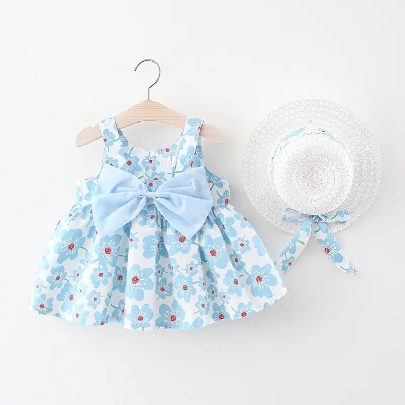 Two-Piece Set Summer Newborn Baby Clothes Toddler Girl Clothes Cotton Beach Suspender Dress+Sun Hat Princess Dresses