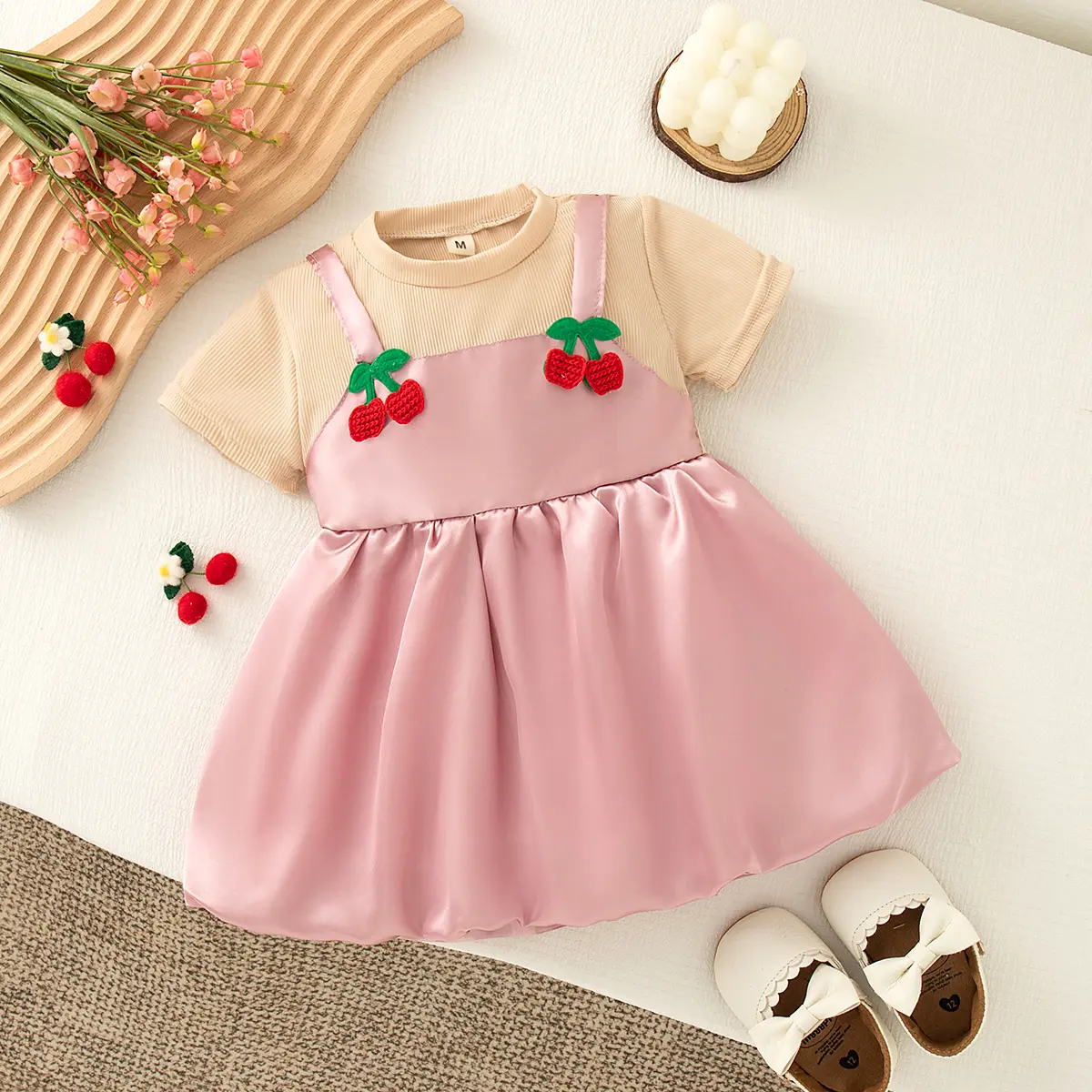 Summer Baby Girl Clothing New Short Sleeved Sweet Girls Dress Imitation Of Two Pieces Solid Color Cherries Baby Dress